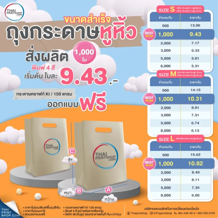 ถุงกระดาษคราฟท์ สกรีนโลโก้ - Thaiprintshop พิมพ์ถุงกระดาษคราฟท์มือสอด พร้อมพิมพ์แบนลูกค้า เริ่มต้นผลิตขั่นต่ำที่ 500 ใบ ราคาถูก พิมพ์ถุงกระดาษคราฟท์มือสอดไวเพียง 15-20 วัน ใ