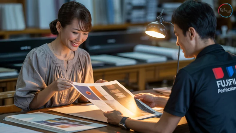 รู้จักระบบสีใดที่เป็นระบบสีมาตรฐานเหมาะกับงานพิมพ์ เช่น ป้ายไวนิล แผ่นพับ - Thaiprintshop ลูกค้าชาวไทยกำลังชมงานพิมพ์ตัวอย่างจากโรงพิมพ์,