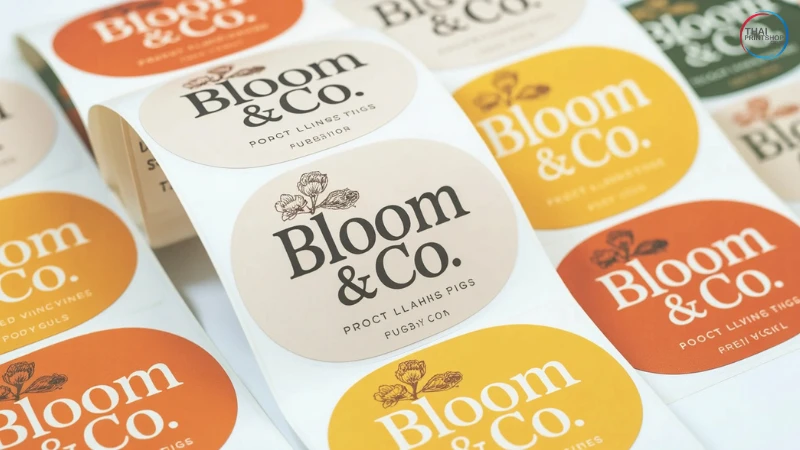 ฉลากสินค้าคืออะไร ทำไมถึงต้องมี - Thaiprintshop ฉลากสินค้าทรงวงรีแบรนด์ Bloom & Co. หลากสีบนม้วนสติกเกอร์