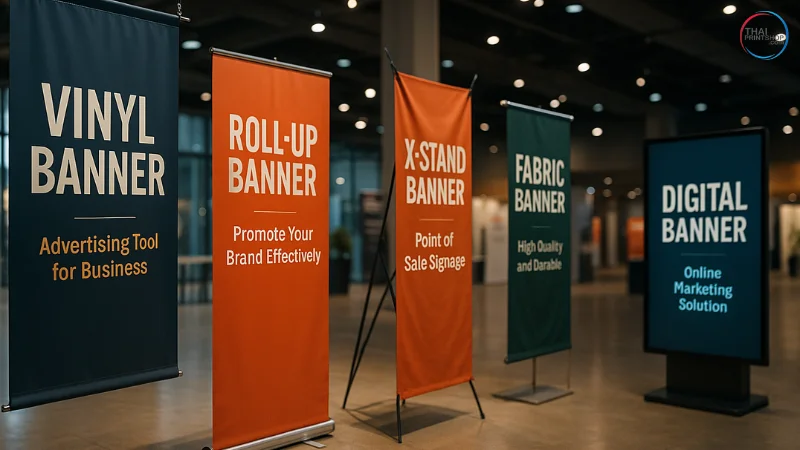 ป้ายแบนเนอร์ (Banner) คืออะไร สำคัญยังไงกับธุรกิจ - Thaiprintshop ภาพรวมของชุดแบนเนอร์หลากหลายประเภท
