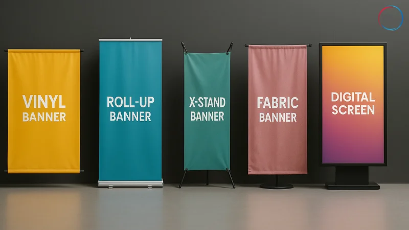 ป้ายแบนเนอร์ (Banner) คืออะไร สำคัญยังไงกับธุรกิจ - Thaiprintshop เปรียบเทียบประเภทแบนเนอร์ 5 แบบ Vinyl, Roll-up, X-stand, ผ้า, Digital