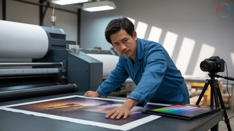 ทำไมค่าสี CMYK ถึงสำคัญในการพิมพ์ - Thaiprintshop ช่างพิมพ์กำลังตรวจสอบคุณภาพสีจากโปสเตอร์