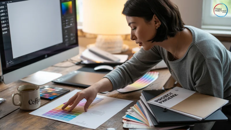 ทำไมค่าสี CMYK ถึงสำคัญในการพิมพ์ - Thaiprintshop นักออกแบบกราฟิกกำลังเช็กค่าสี