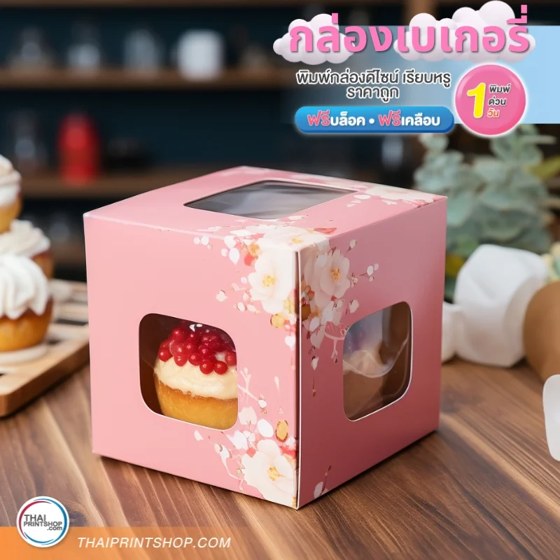 กล่องเบเกอรี่ - Thaiprintshop กล่องเบเกอรี่ ไซซ์ XXS ขนาดสำเร็จ ใส่มินิเค้กมีหน้า 1 ชิ้น พร้อมเจาะหน้าต่าง