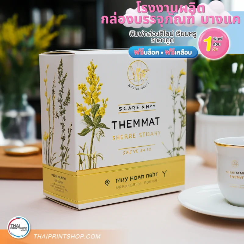 โรงงานผลิตกล่องบรรจุภัณฑ์ บางแค พิมพ์งานด่วน - Thaiprintshop โรงงานผลิตกล่องบรรจุภัณฑ์ชา กล่องสมุนไพร บางแค พิมพ์กล่องขนาดกางออกไม่เกิน A5 (15 cm. x 21 cm.) เราเลือกใช้กระดาษอาร์ตการ์ด อย่างดี ปั๊มเคทองสวยงาม