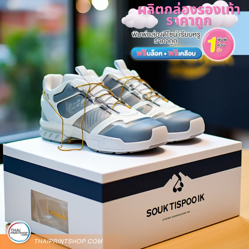 ผลิตกล่องรองเท้า ราคาถูก - Thaiprintshop กล่องใส่รองเท้าขนาดเล็ก พิมพ์โลโก้ สีสวยงาม เจาะหน้าต่างพร้อมติดพลาสติกใส เห็นตัวสินค้าด้านใน